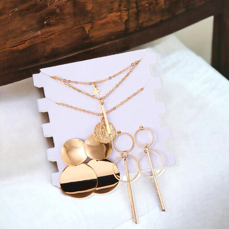Limited Edition Gold Plated Jewellery Set with Drop Earrings & Layered Necklace (Set of 2)-OSL-131