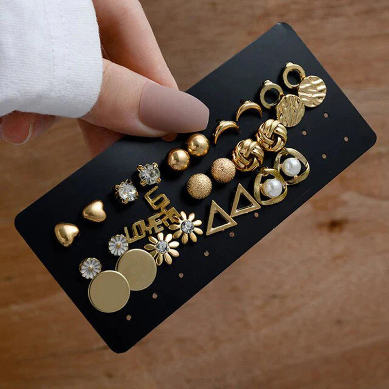 Gold Plated Stud Earrings Combo (Pack of 14)-OSL112