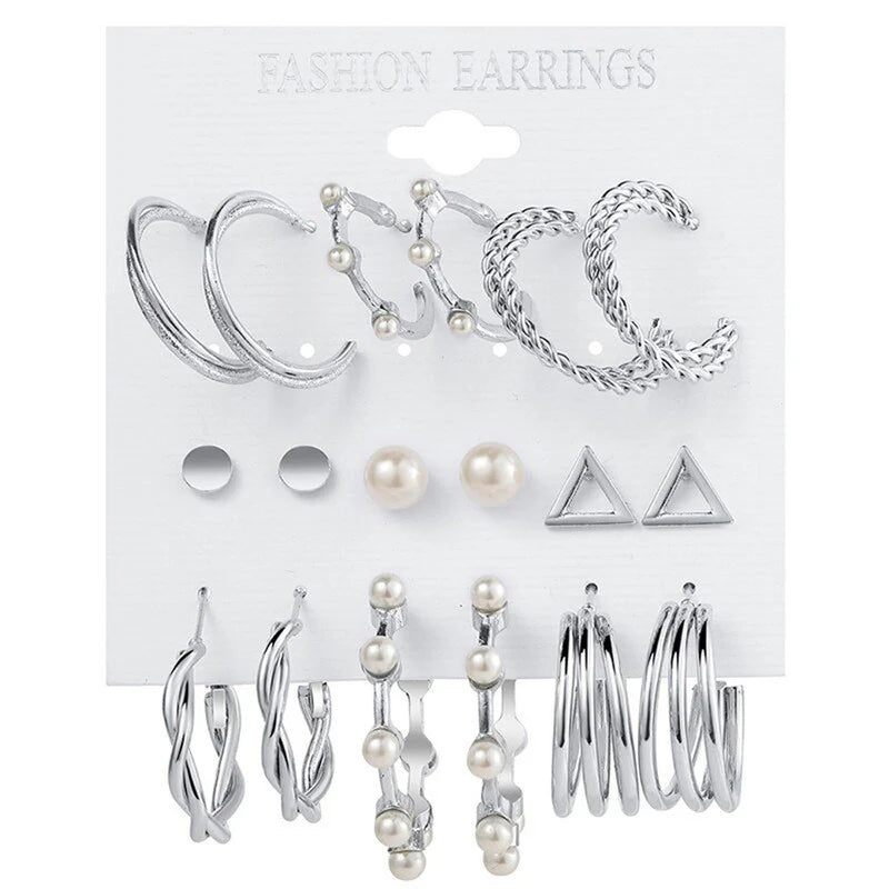Silver Plated Contemporary Hoop Earrings Set (Pack of 9)-OSL108