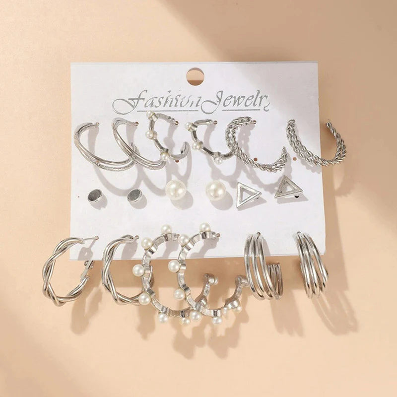 Silver Plated Contemporary Hoop Earrings Set (Pack of 9)-OSL108