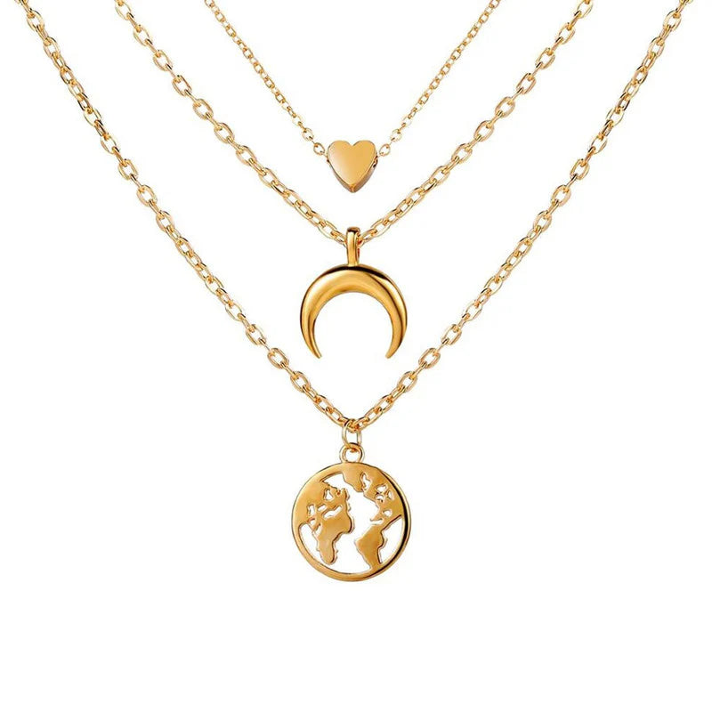 Gold Plated Moon, Star & World Layered Necklace for Women (Anti-Tarnish)-OSL-145