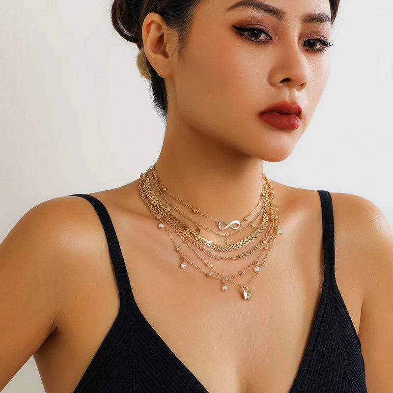 Gold Plated Layered Necklace Set (Pack of 6 | Anti-Tarnish)-OSL-147