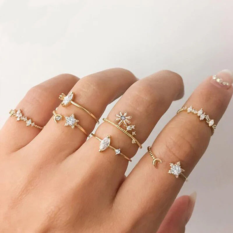 Gold Plated Stackable Moon-Star Rings Set of 7 for Women-OSL-103