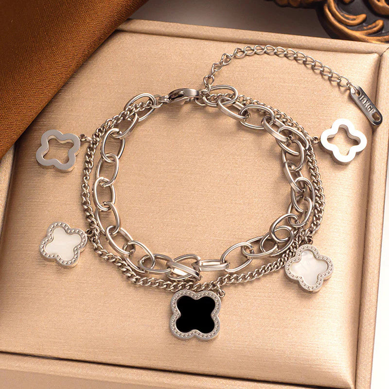 Stainless Steel Silver-Plated Mother of Pearl Clover Wraparound Bracelet (Anti-Tarnish)-OSL-141