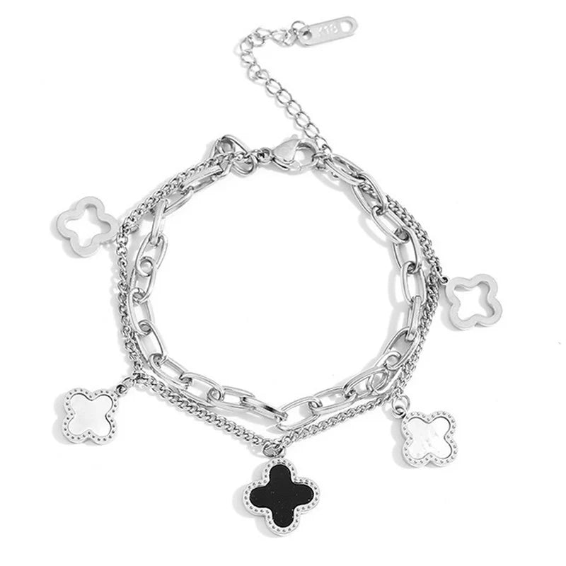 Stainless Steel Silver-Plated Mother of Pearl Clover Wraparound Bracelet (Anti-Tarnish)-OSL-141