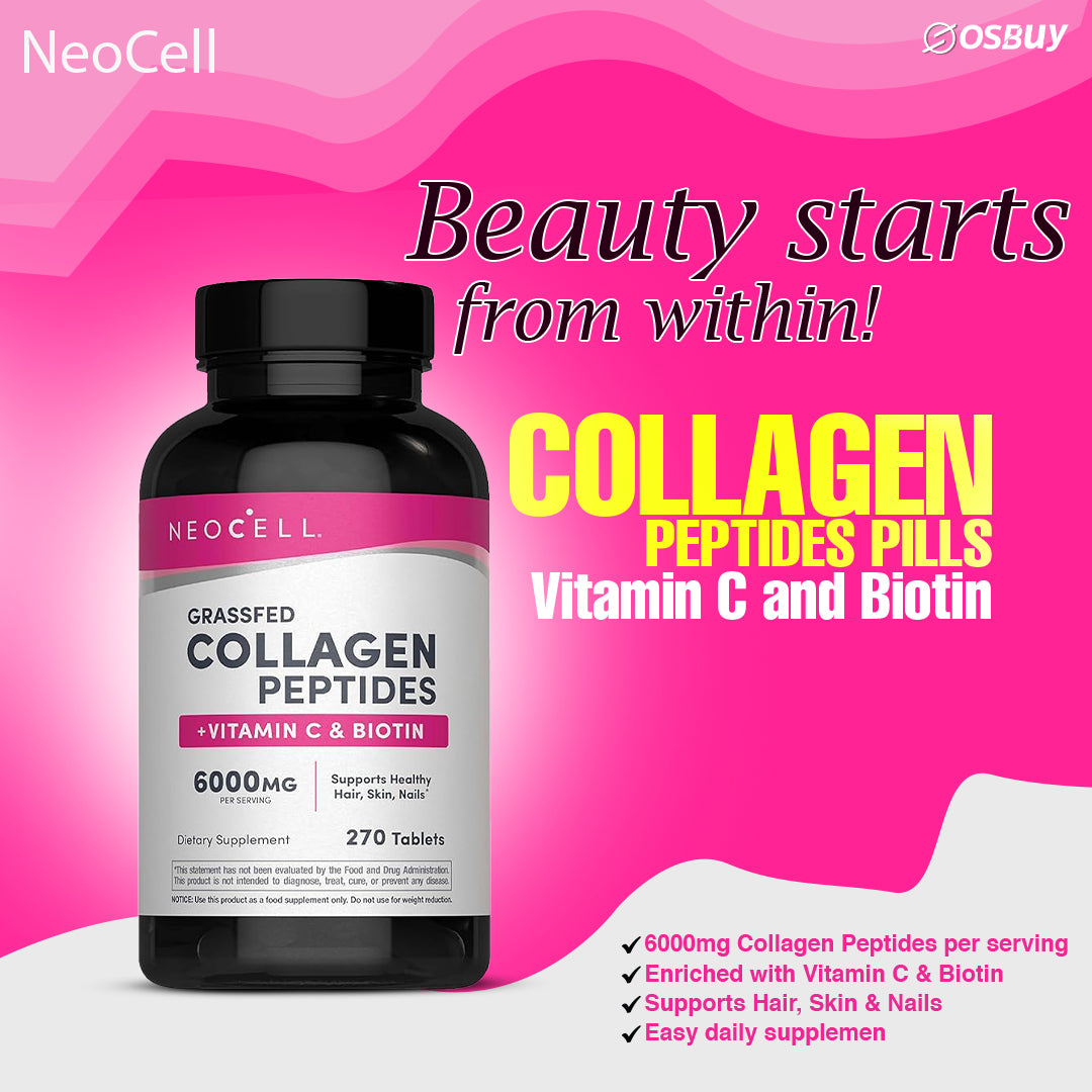 NeoCell Collagen Peptides Pills | 270 Caplets | with Vitamin C and Biotin | Grass Fed Bovine | Hair, Skin, & Nails | for Women and Men