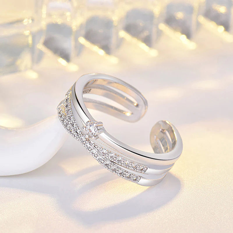 Silver Plated American Diamond Studded Contemporary Korean Finger Ring-OSL-99