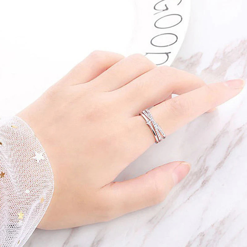 Silver Plated American Diamond Studded Contemporary Korean Finger Ring-OSL-99