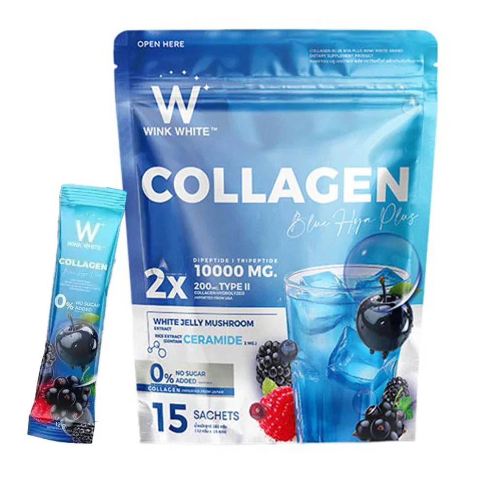 Wink White Collagen Blue Hya Plus – 15 Sachets | 10,000mg Collagen Peptide Drink | Ceramide + Berry Extract | Sugar-Free Formula