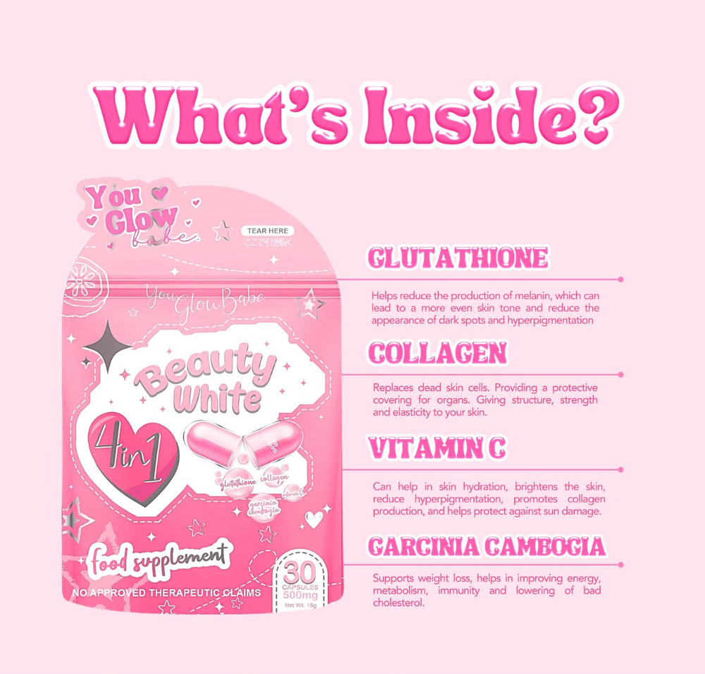 You Glow Babe Beauty White 4 in 1 Glutathione Food Supplement, 30 Capsules