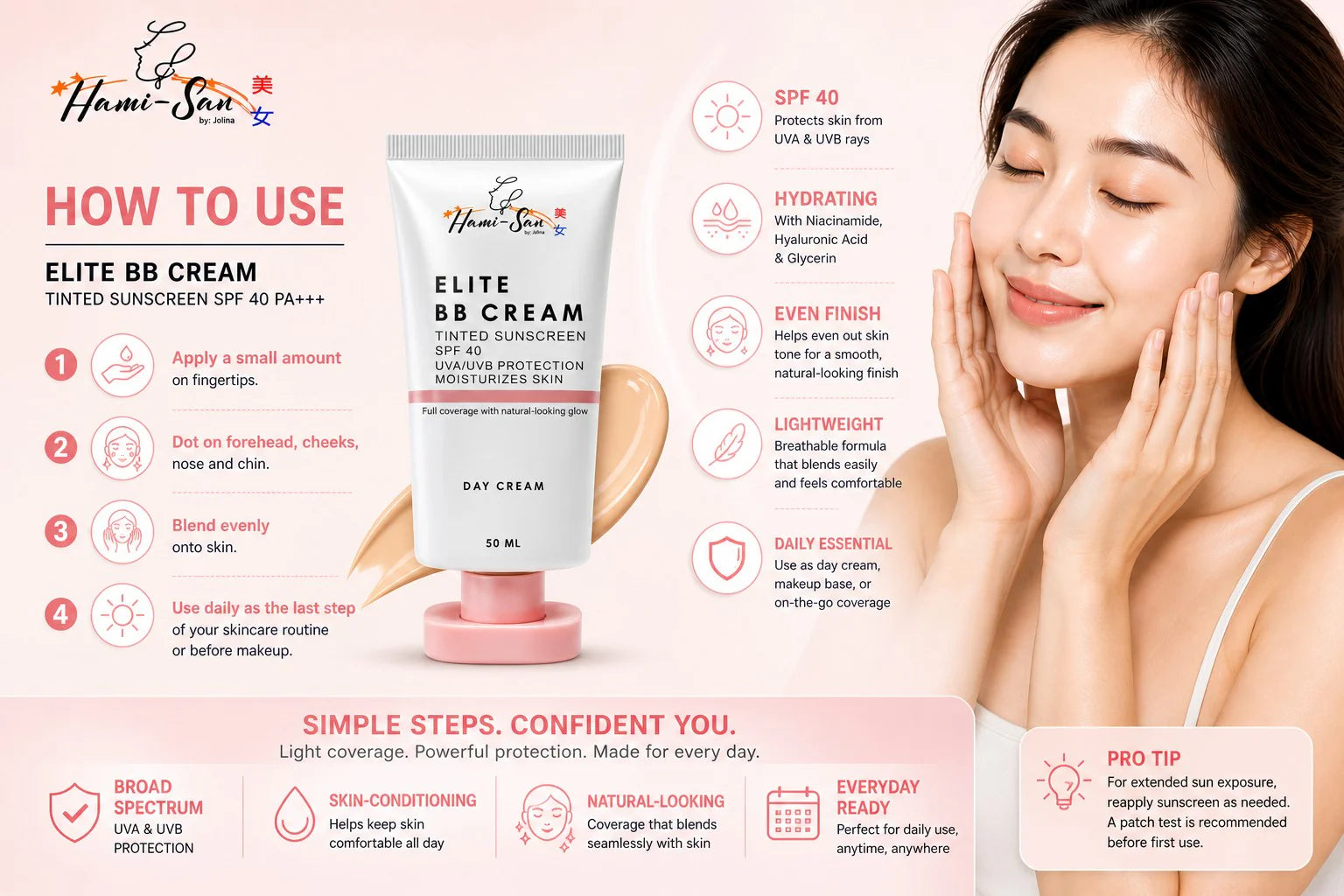 Elite BB Cream SPF40 (50ml) Tinted Sunscreen with UVA/UVB Protection, Hydrating Coverage & Lightweight Daily Skin Care System