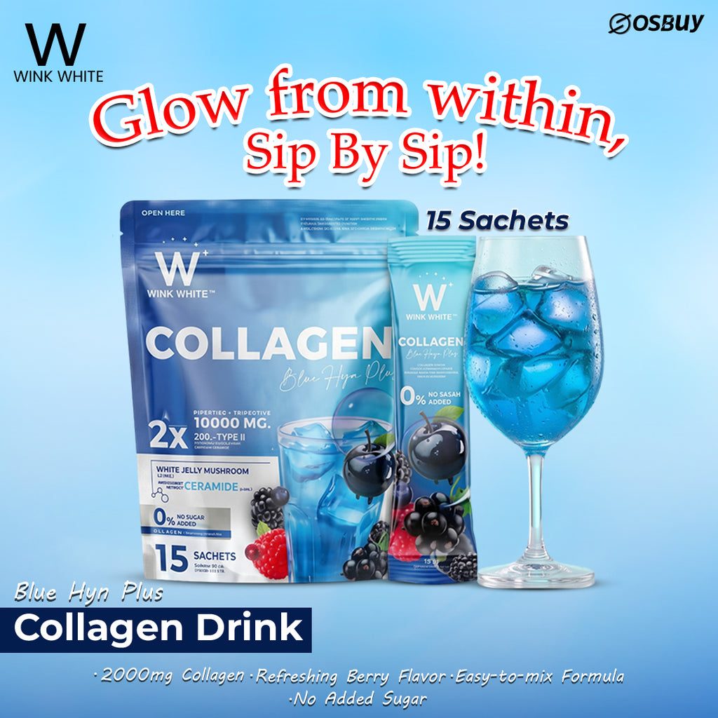 Wink White Collagen Blue Hya Plus – 15 Sachets | 10,000mg Collagen Peptide Drink | Ceramide + Berry Extract | Sugar-Free Formula