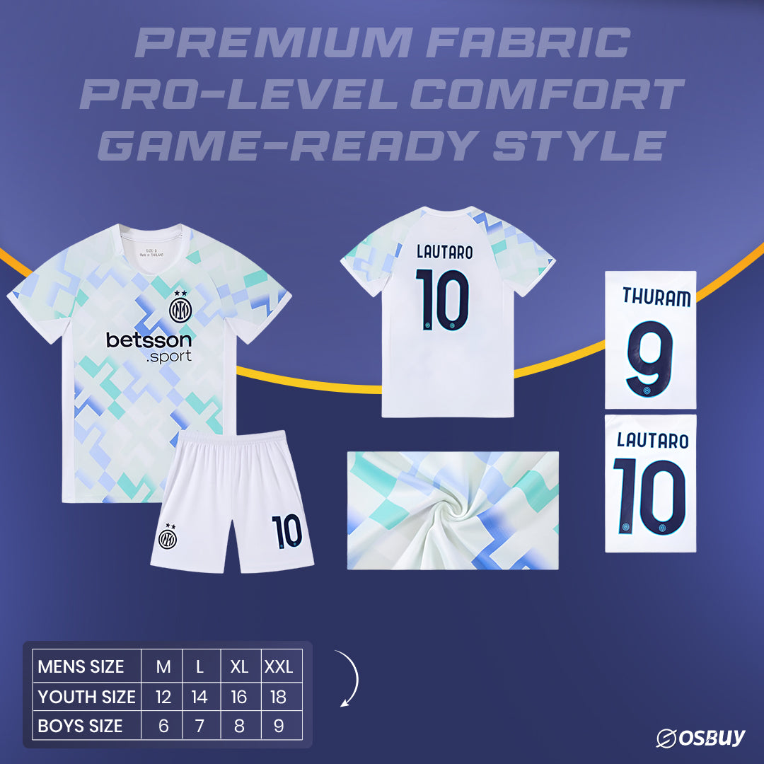 Nike Inter Milan 2025/26 away jersey in white with teal, lavender, and navy pixelated cross patterns