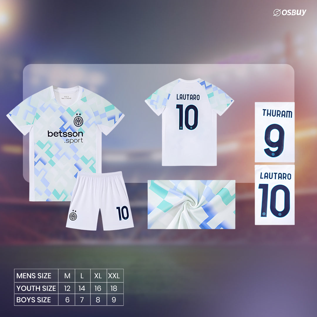 Nike Inter Milan 2025/26 away jersey in white with teal, lavender, and navy pixelated cross patterns