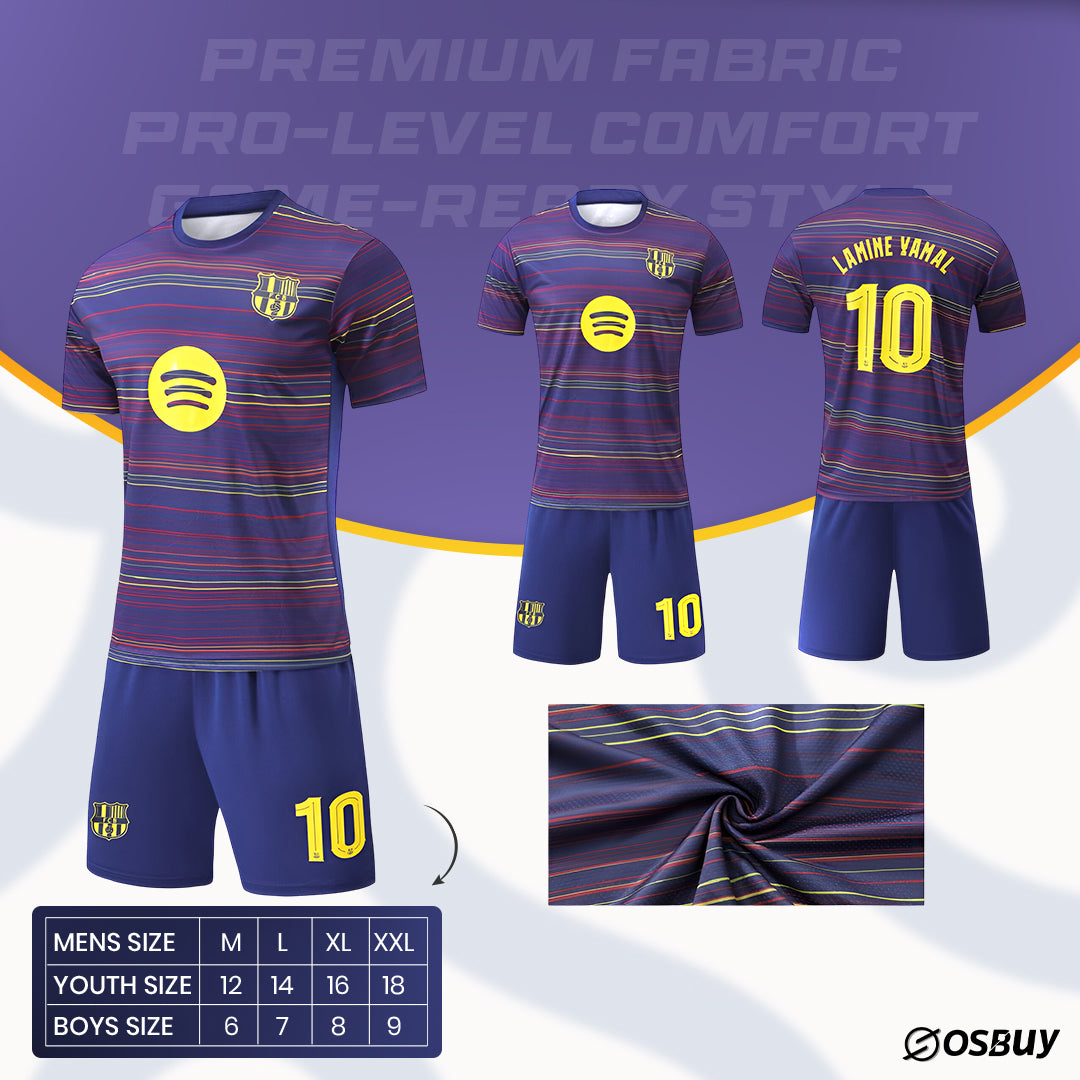 FC Barcelona 2025/26 pre-match home shirt in deep royal blue with horizontal stripes in noble red and midwest gold.