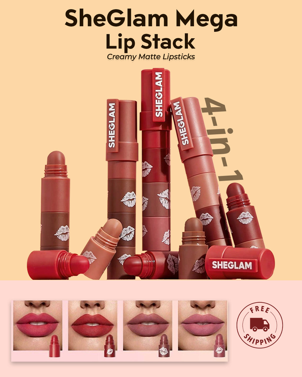 SheGlam Mega Lip Stack – 4-in-1 Creamy Matte Lipsticks