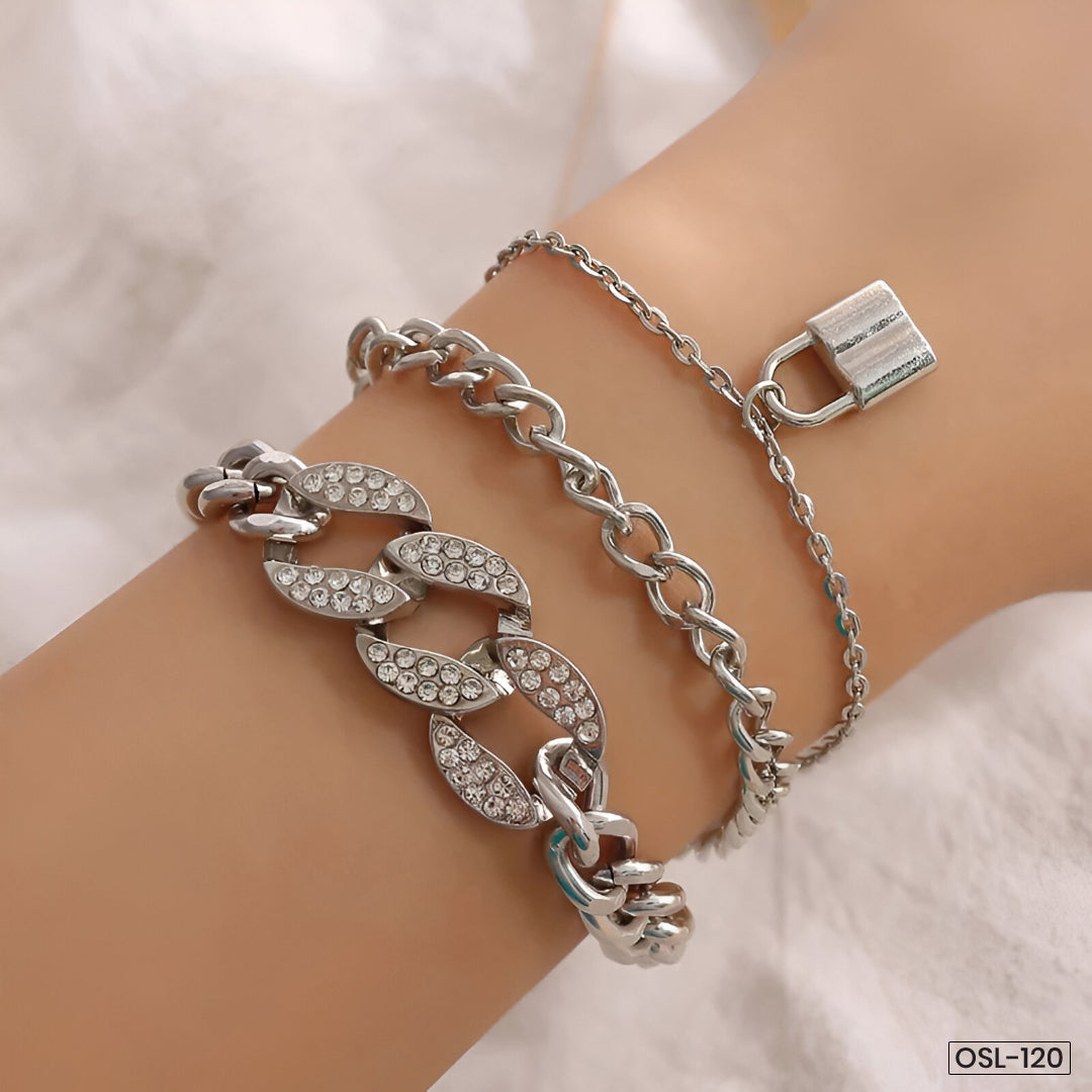 Silver Plated Stone-Studded Lock Multi-Strand Bracelet-OSL120