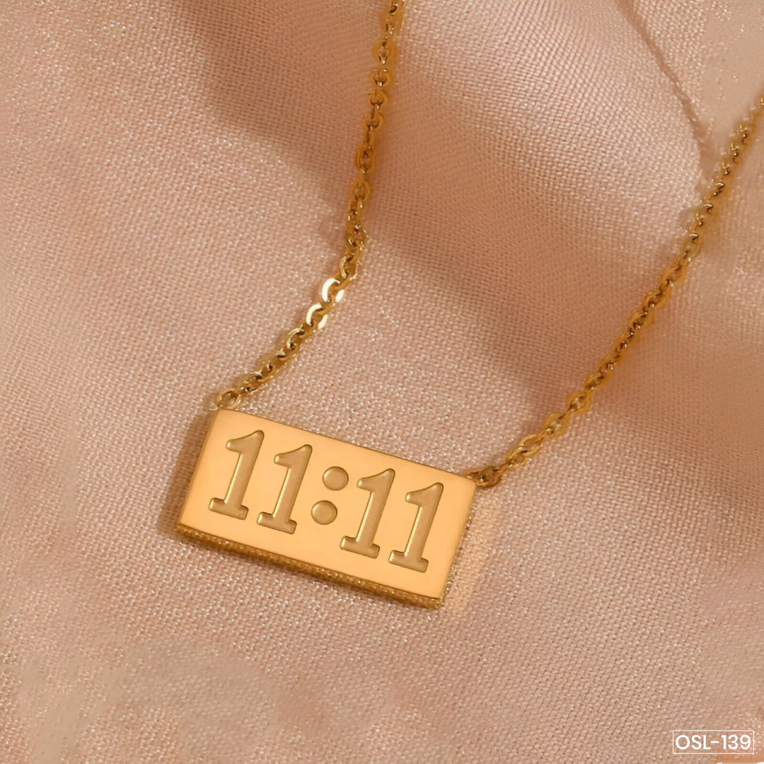 Gold Plated Anti-Tarnish “11:11 Make a Wish” Angel Pendant Necklace (Stainless Steel)-OSL-139