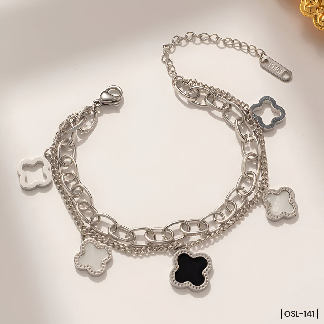 Stainless Steel Silver-Plated Mother of Pearl Clover Wraparound Bracelet (Anti-Tarnish)-OSL-141