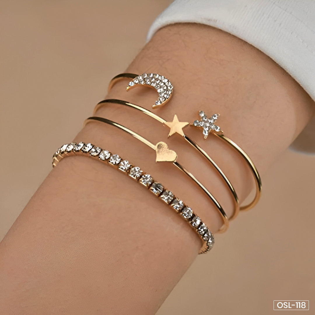 Scintillating American Diamond Star & Moon Bracelet Set (Pack of 4)-OSL118