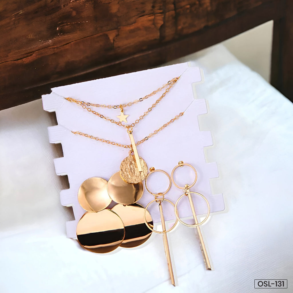 Limited Edition Gold Plated Jewellery Set with Drop Earrings & Layered Necklace (Set of 2)-OSL-131