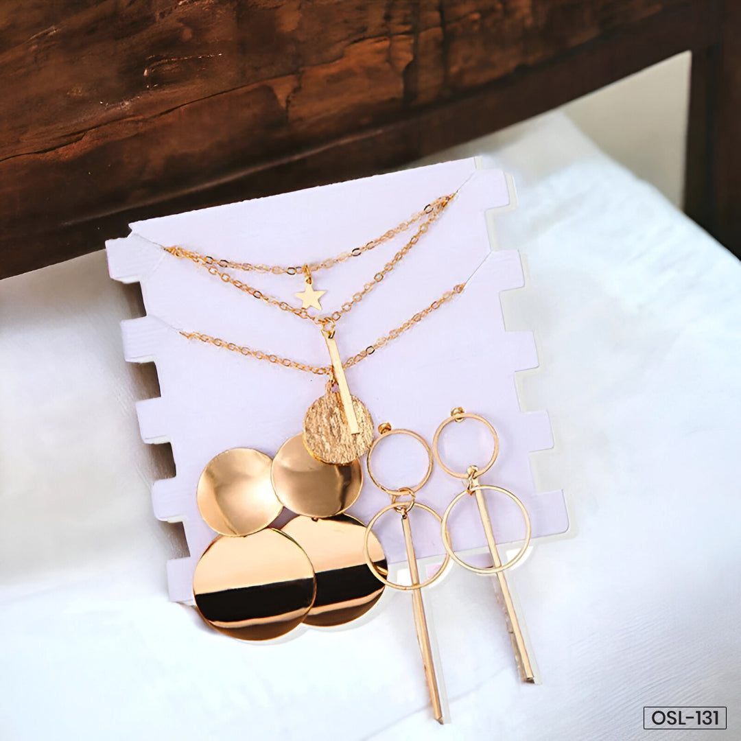 Limited Edition Gold Plated Jewellery Set with Drop Earrings & Layered Necklace (Set of 2)-OSL-131