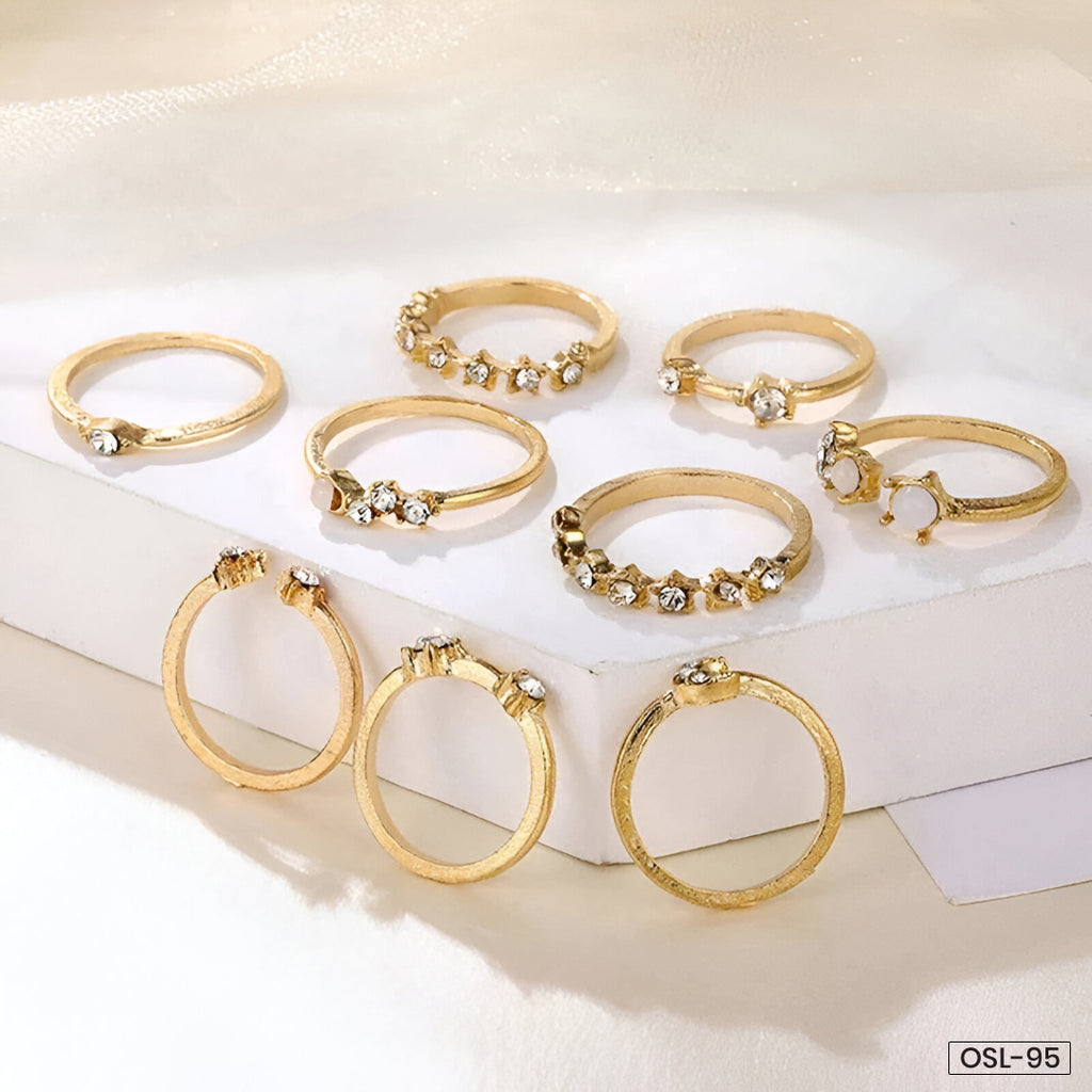Trending Gold Plated Love-Inspired Set of 9 Stackable Finger Rings-OSL95