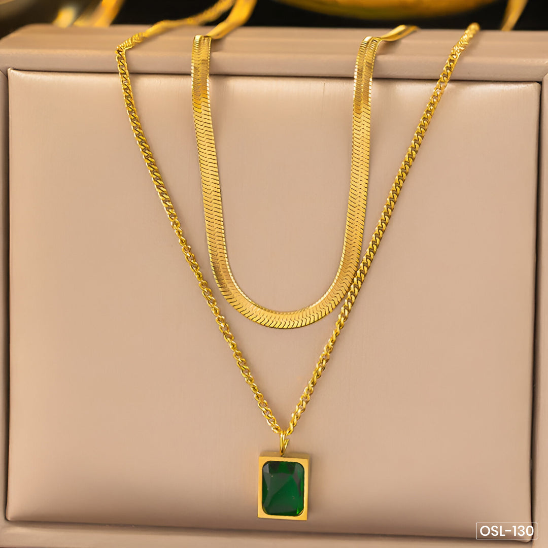 Gold Plated Anti-Tarnish Emerald Green Geometric Layered Necklace-OSL-130
