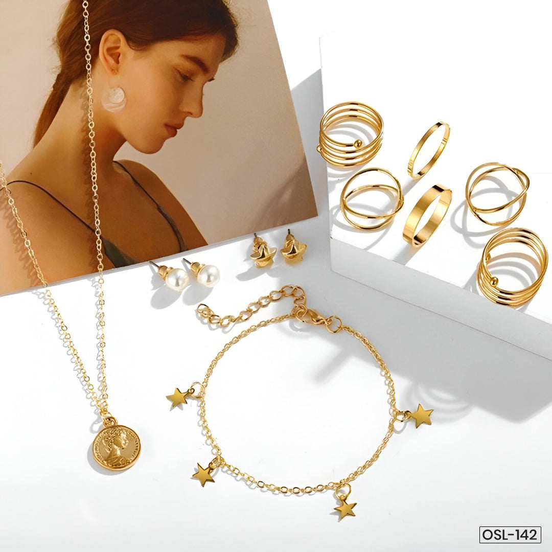 Pearl & Gold-Plated Jewellery Set with Necklace, Earrings, Rings & Bracelet for Women-OSL-142