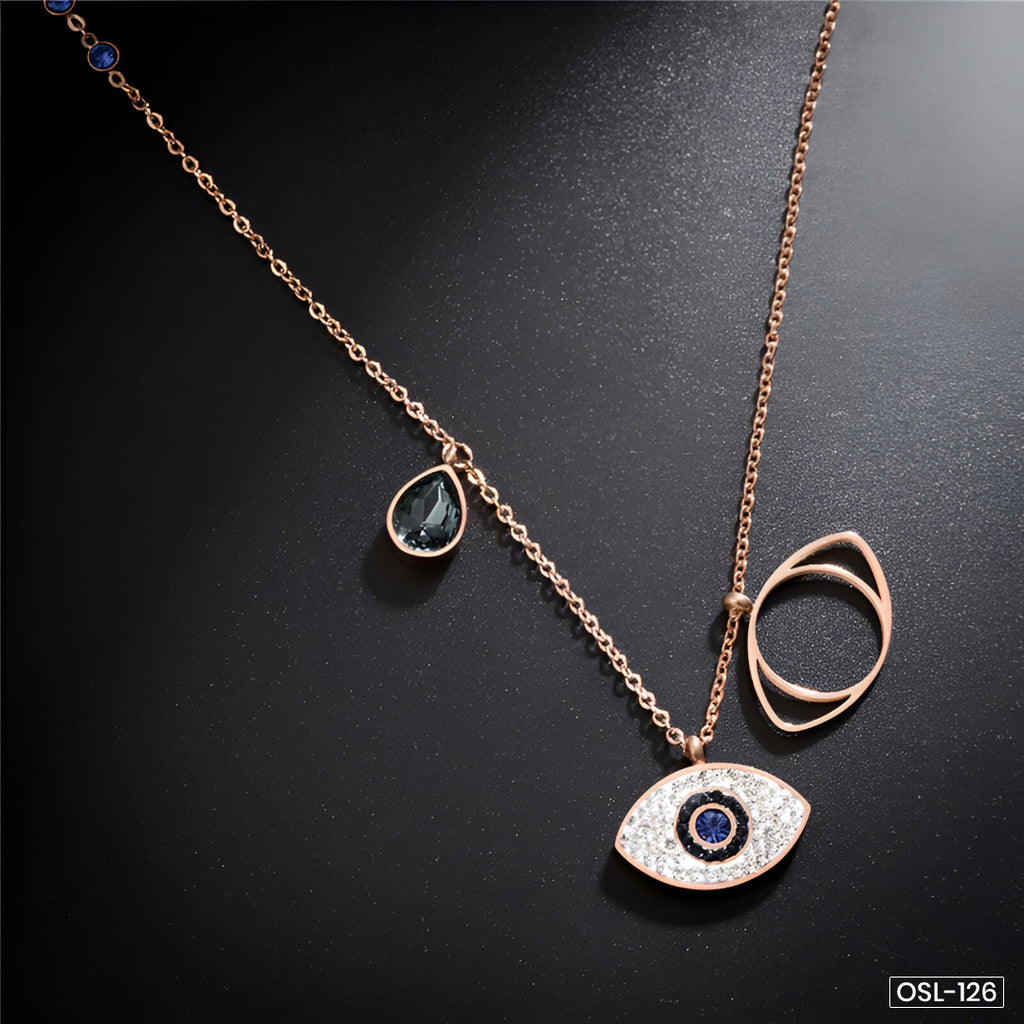 Rose Gold Plated Stainless Steel Evil Eye Pendant Necklace with American Diamonds-OSL-126