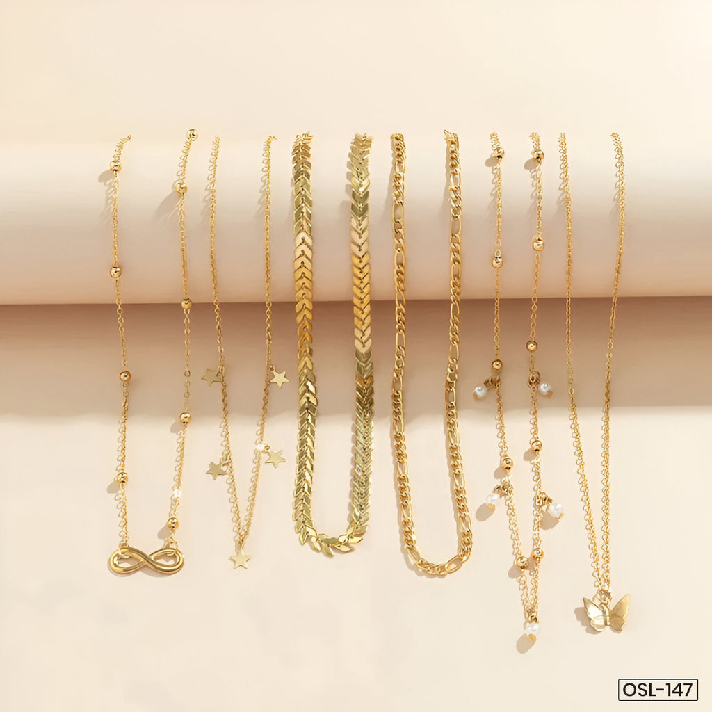 Gold Plated Layered Necklace Set (Pack of 6 | Anti-Tarnish)-OSL-147