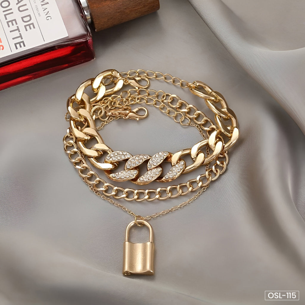 Gold Plated Stone-Studded Lock Multi-Strand Bracelet-OSL115