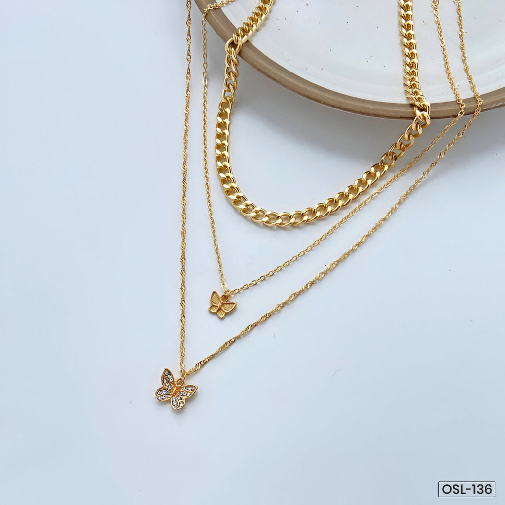 Gold Plated Multi-Strand Butterfly Necklace with American Diamonds for Women-OSL-136