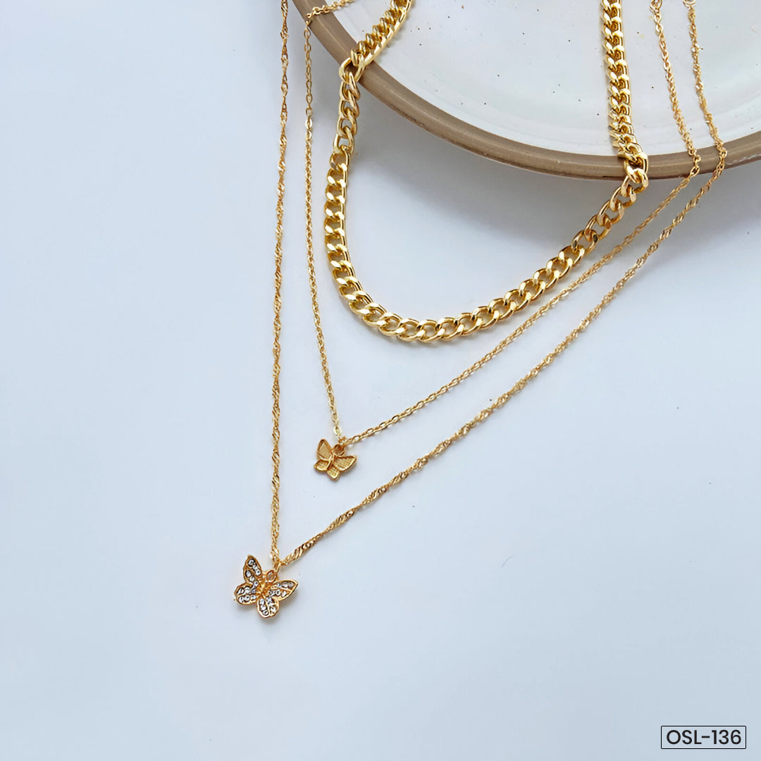 Gold Plated Multi-Strand Butterfly Necklace with American Diamonds for Women-OSL-136