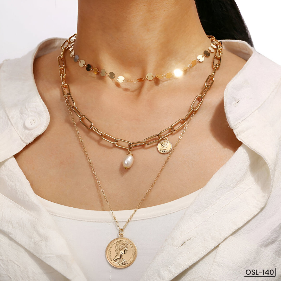 Gold Plated Coin-Inspired Layered Necklace for Women (Anti-Tarnish | Stainless Steel)-OSL-140