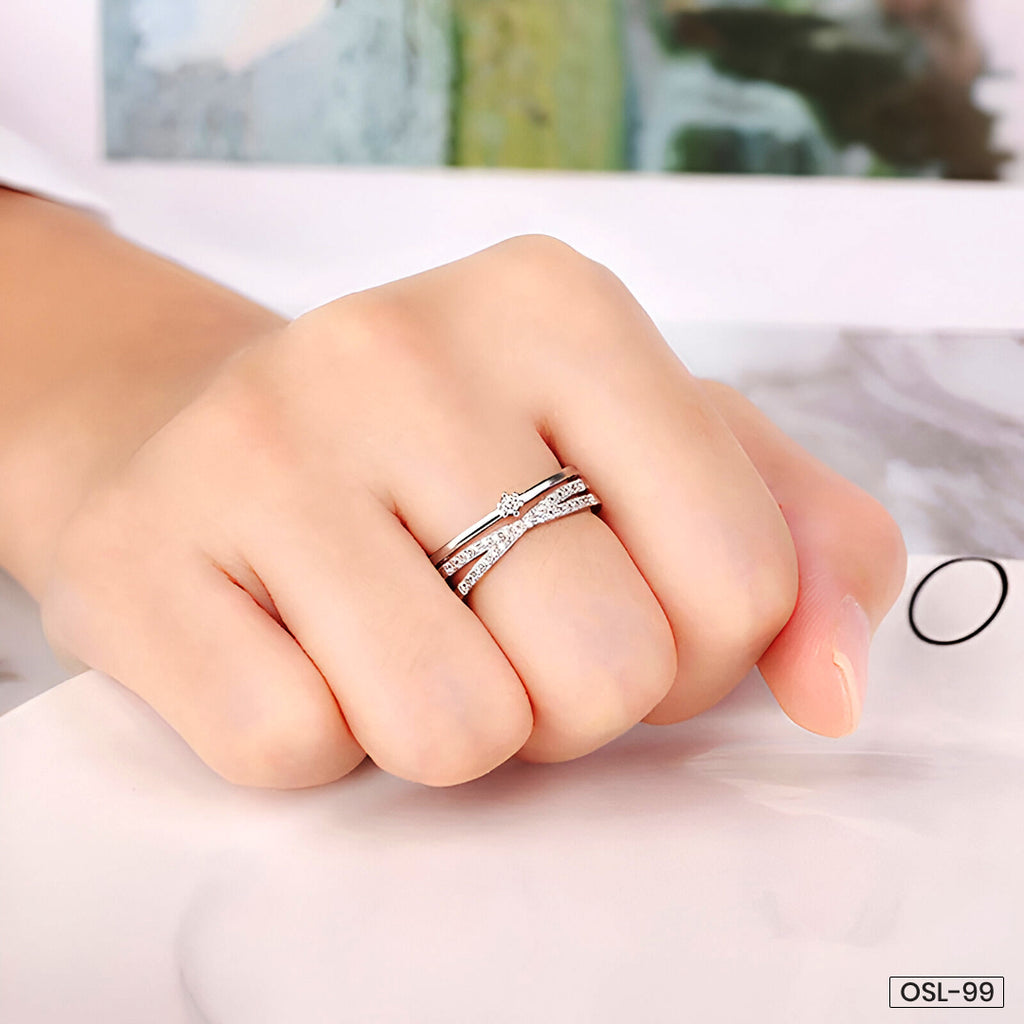 Silver Plated American Diamond Studded Contemporary Korean Finger Ring-OSL-99
