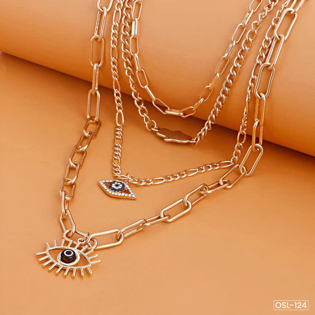Gold Plated Evil Eye & Buddha Hand Layered Necklace for Women-OSL-124