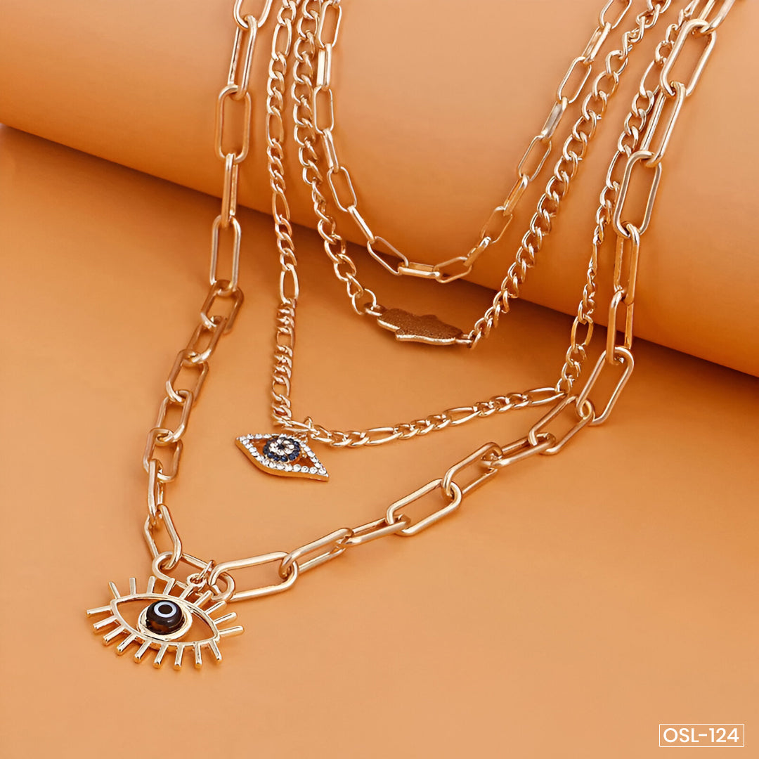 Gold Plated Evil Eye & Buddha Hand Layered Necklace for Women-OSL-124