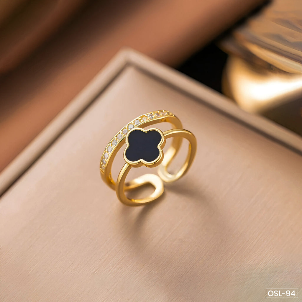 Gold Plated Anti-Tarnish Stainless Steel Clover Themed Adjustable Finger Ring-OSL94